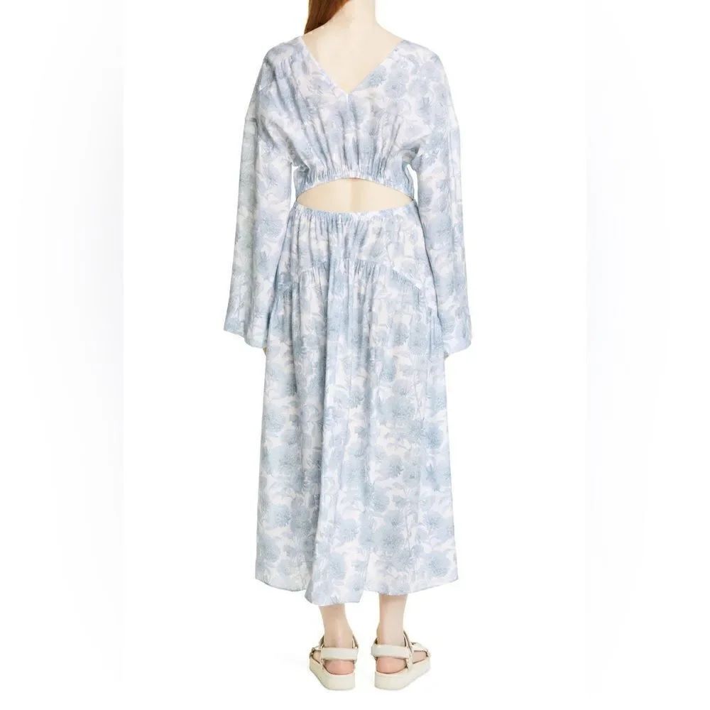 Vince Dahlia Blue White Floral Print Long Sleeve V-Neck Midi Dress M $425 - Picture 3 of 6